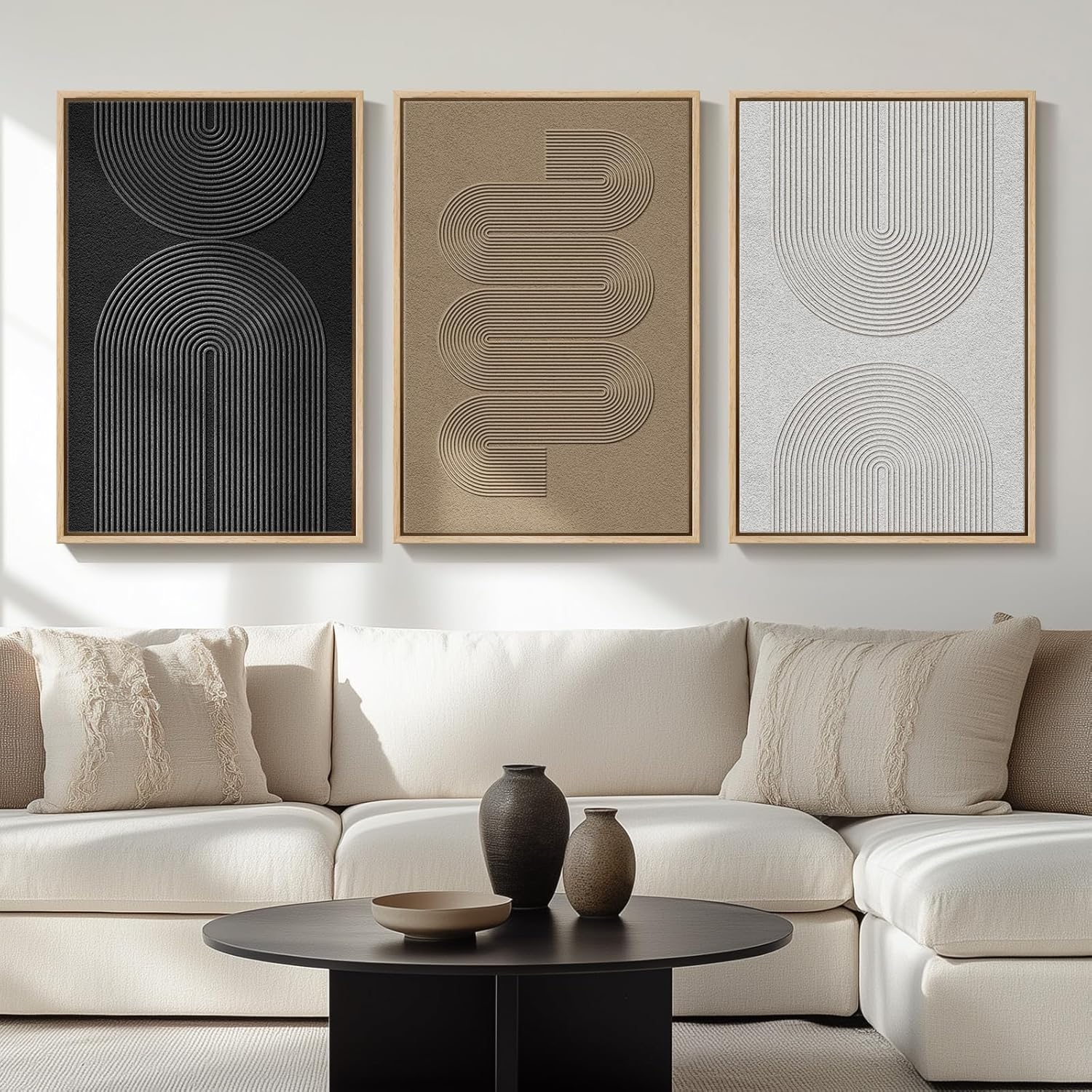 Bohemian Black and White Geometric Abstract Tri-Panel Decorative Wall Painting